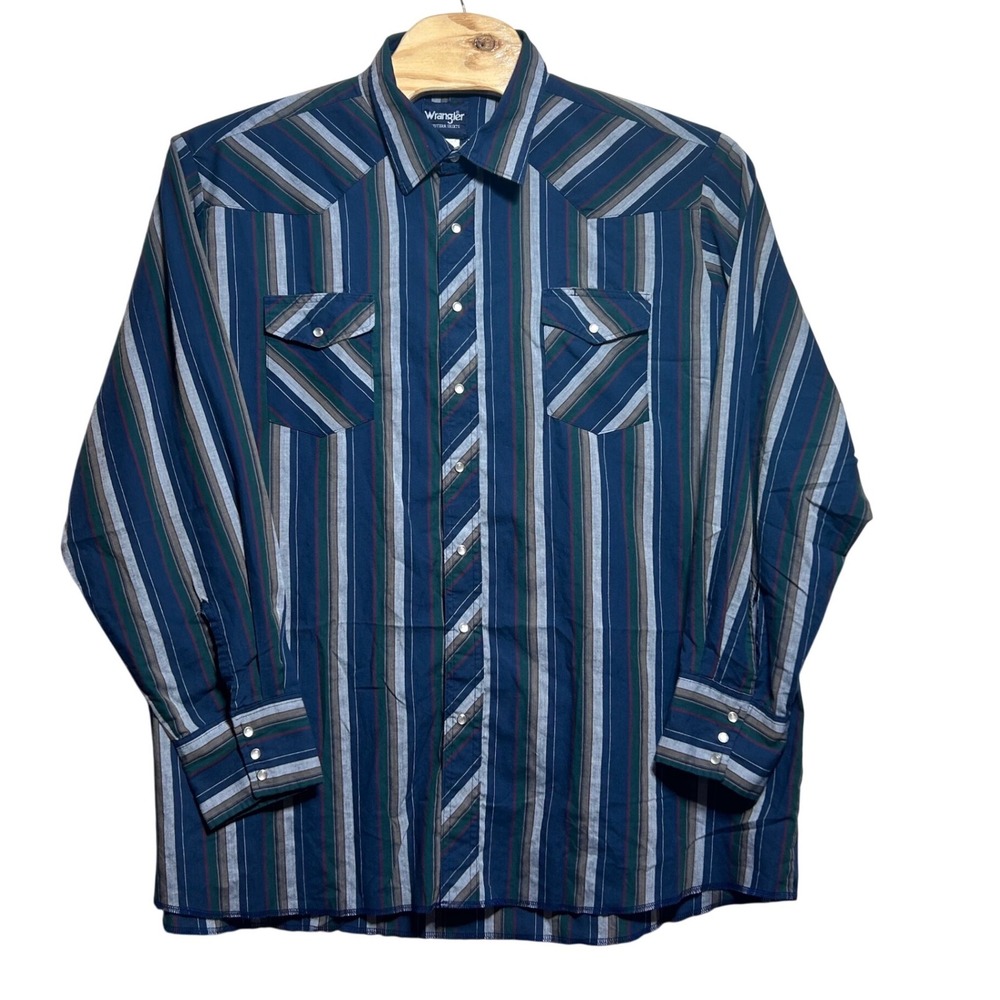 Wrangler Mens Western Shirt 3XT Tall Blue Green Striped Pearl Snap Long Sleeve